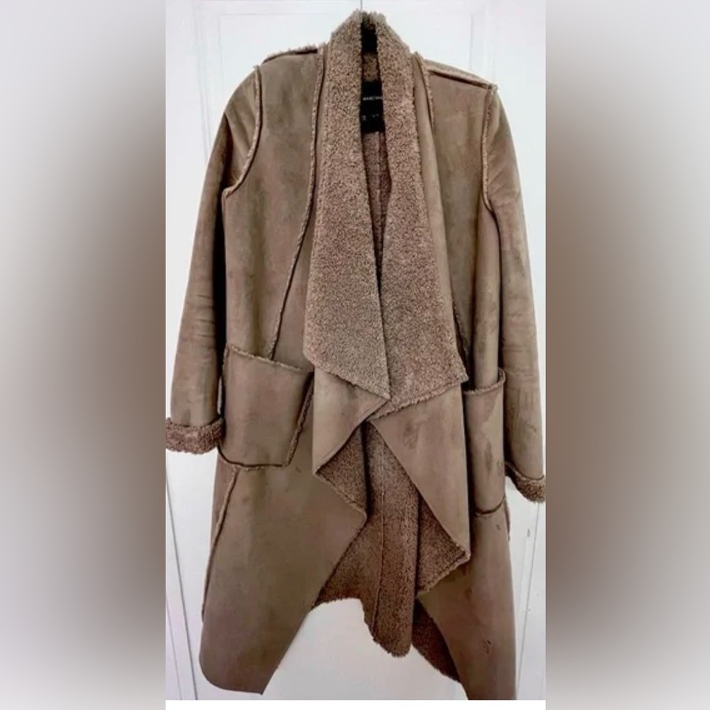 Marciano tan, longline, faux-suede and sherpa-lined trench jacket
